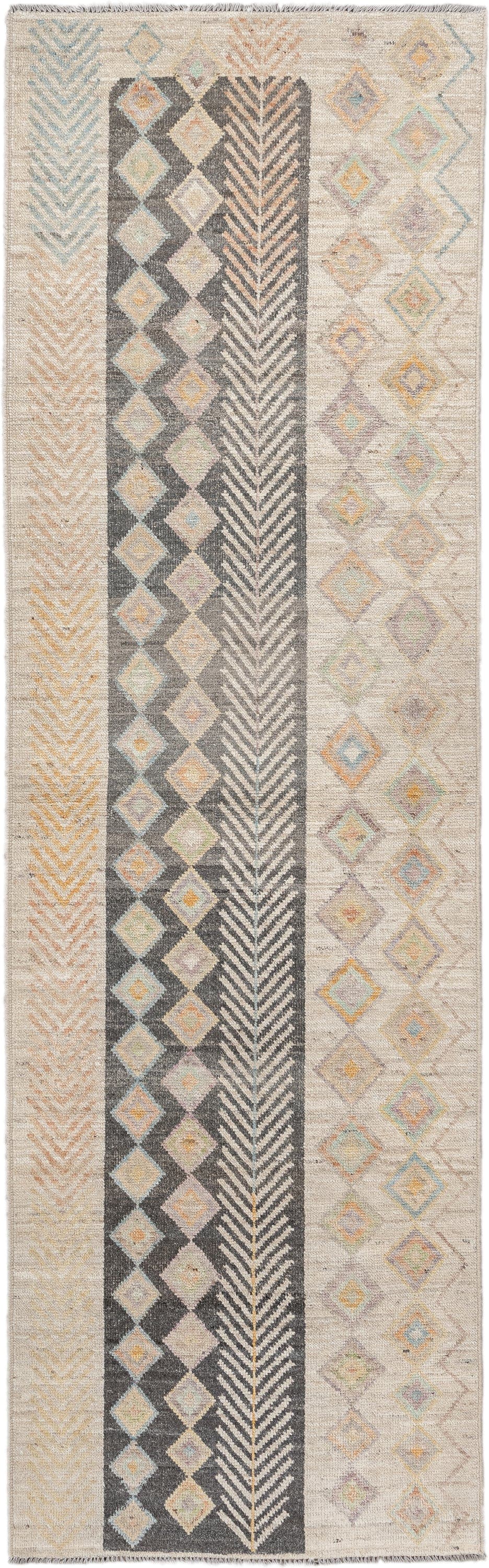 3' x 9' one-of-a-kind handmade vintage Kilim runner rug. Color palette: ivory, taupe, charcoal, beige, pale blue, soft gold