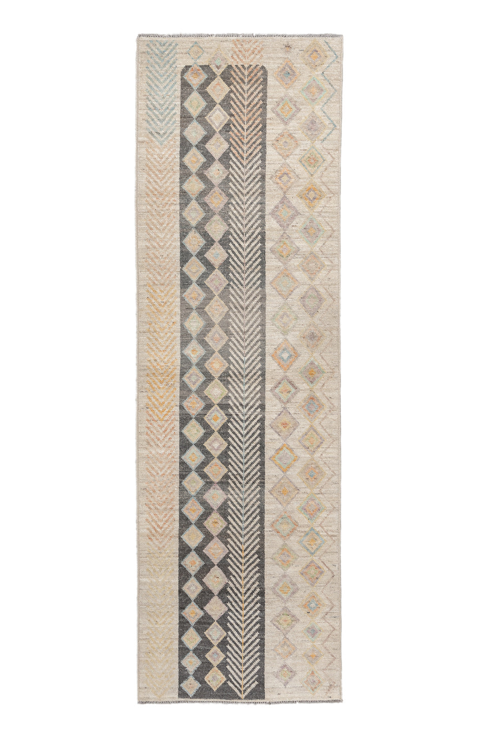 3' x 9' one-of-a-kind handmade vintage Kilim runner rug. Color palette: antiquewhite, black, brown, charcoal, gray