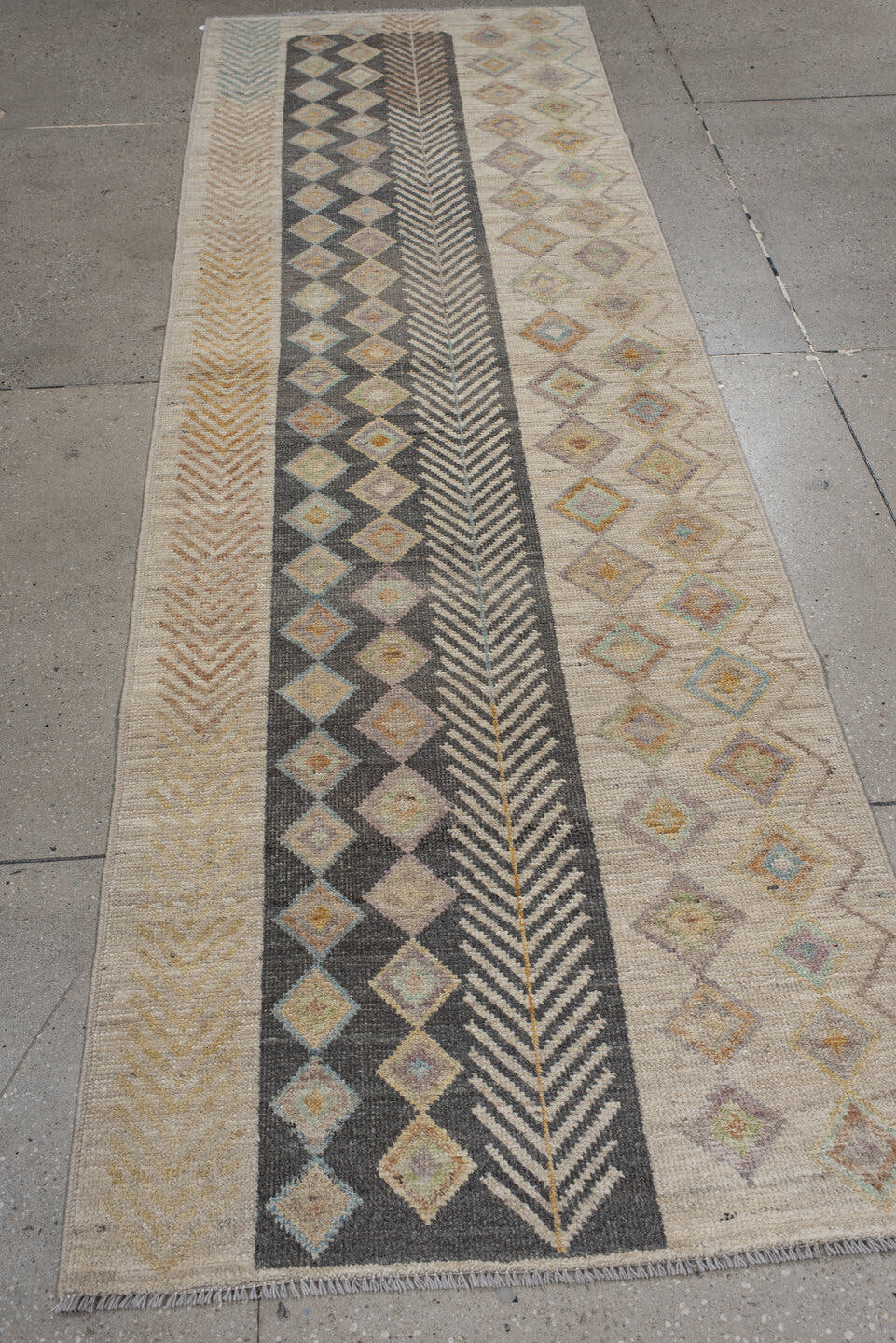 3' x 9' one-of-a-kind handmade vintage Kilim runner rug. Color palette: ivory, taupe, charcoal, beige, pale blue, soft gold