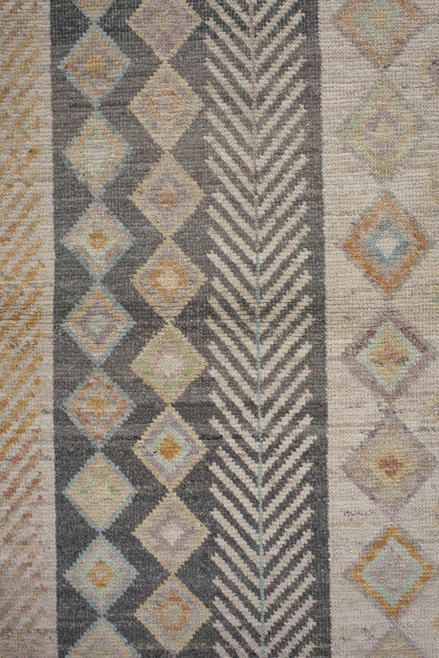 3' x 9' one-of-a-kind handmade vintage Kilim runner rug. Color palette: ivory, taupe, charcoal, beige, pale blue, soft gold