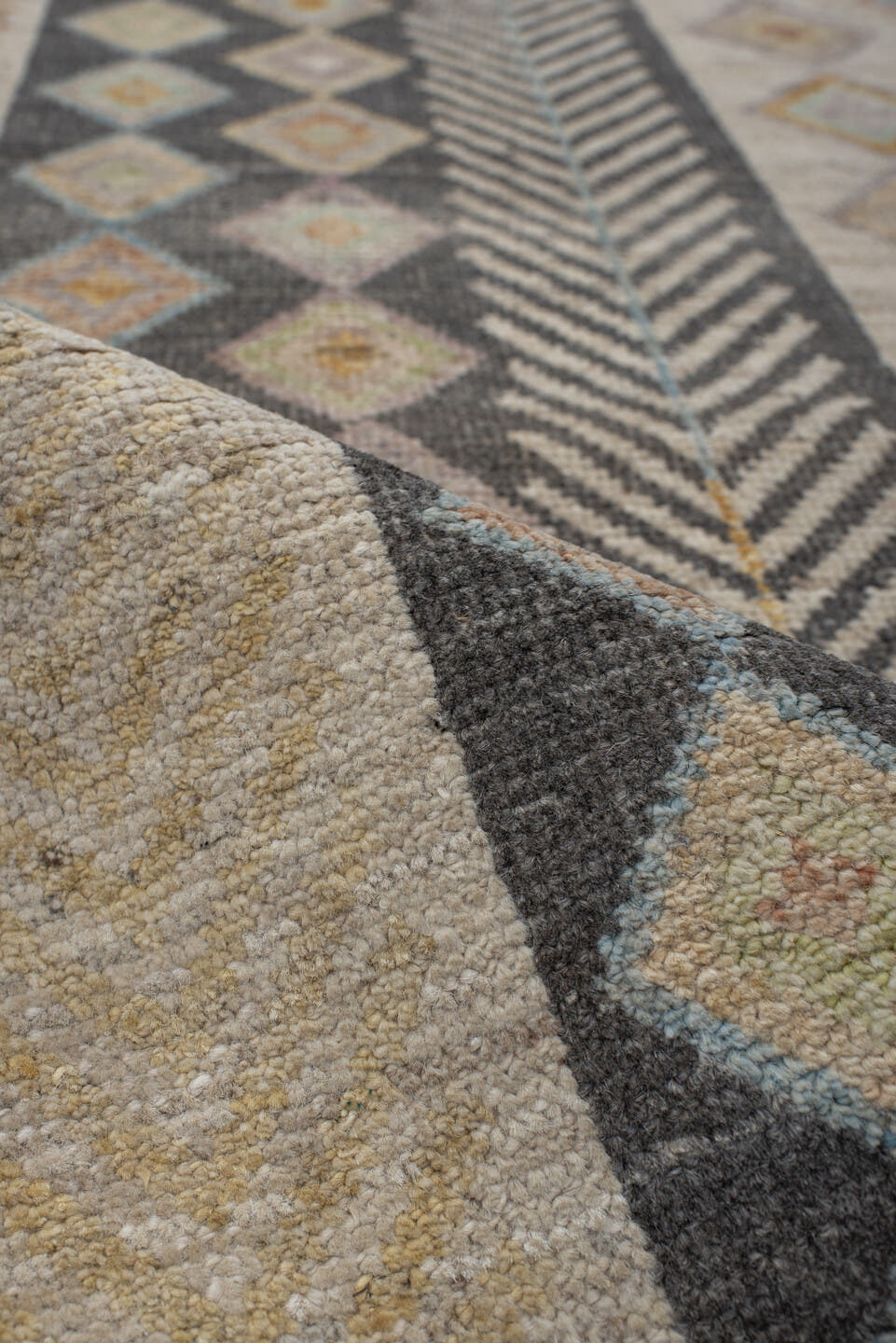 3' x 9' one-of-a-kind handmade vintage Kilim runner rug. Color palette: ivory, taupe, charcoal, beige, pale blue, soft gold