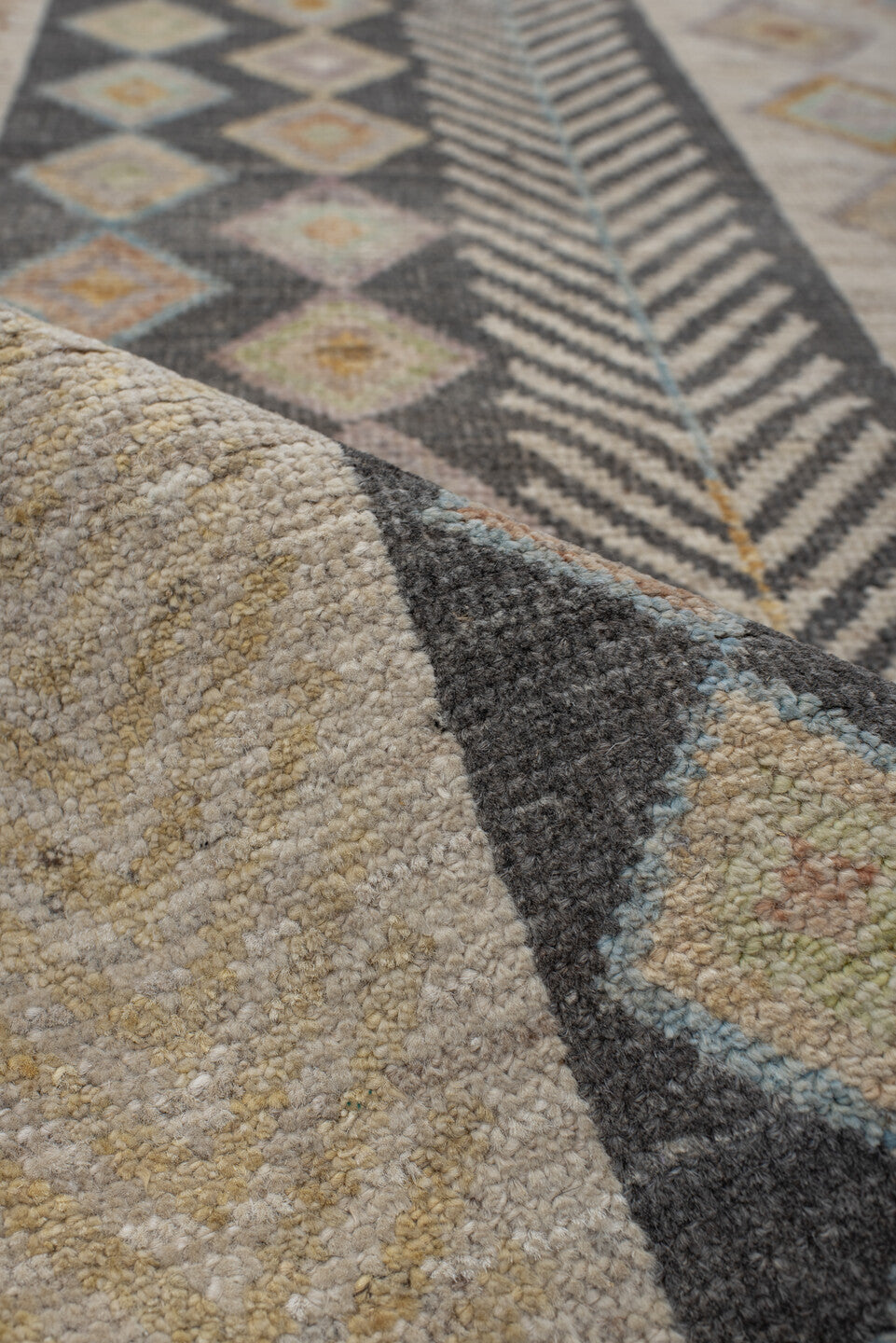 3' x 9' one-of-a-kind handmade vintage Kilim runner rug. Color palette: ivory, taupe, charcoal, beige, pale blue, soft gold