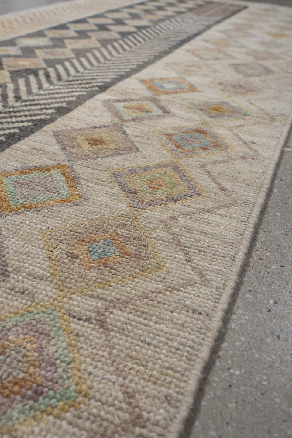 3' x 9' one-of-a-kind handmade vintage Kilim runner rug. Color palette: ivory, taupe, charcoal, beige, pale blue, soft gold