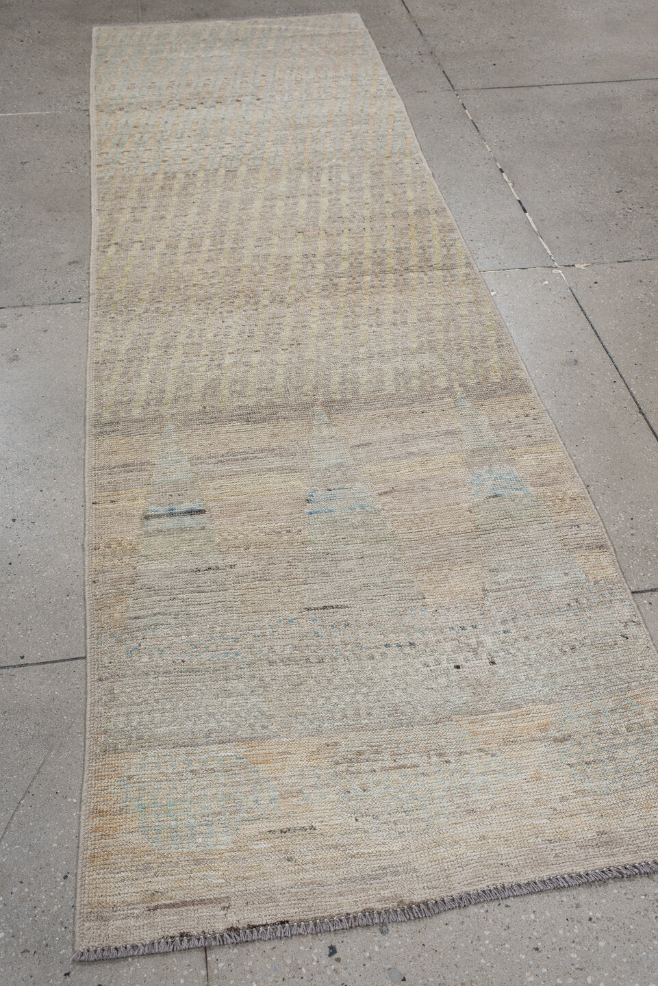 2' x 9' one-of-a-kind handmade vintage Kilim runner rug. Color palette: ivory, beige, taupe, pale blue, cream, gray