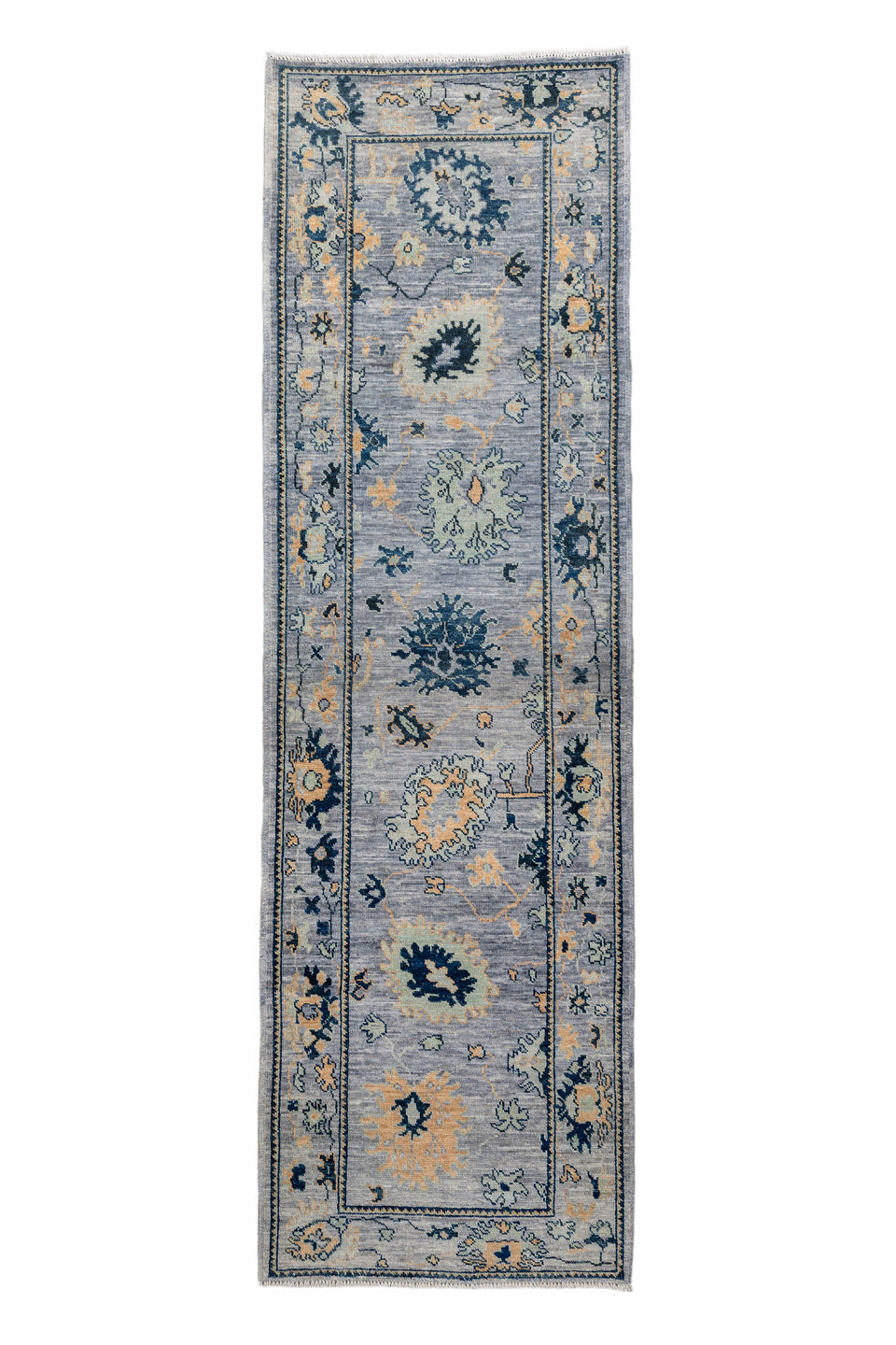 3' x 9' one-of-a-kind handmade vintage Oushak runner rug. Color palette: arapawa, blue, brown, fiord, gray, light blue