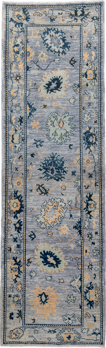 3' x 9' one-of-a-kind handmade vintage Oushak runner rug. Color palette: arapawa, blue, brown, fiord, gray, light blue