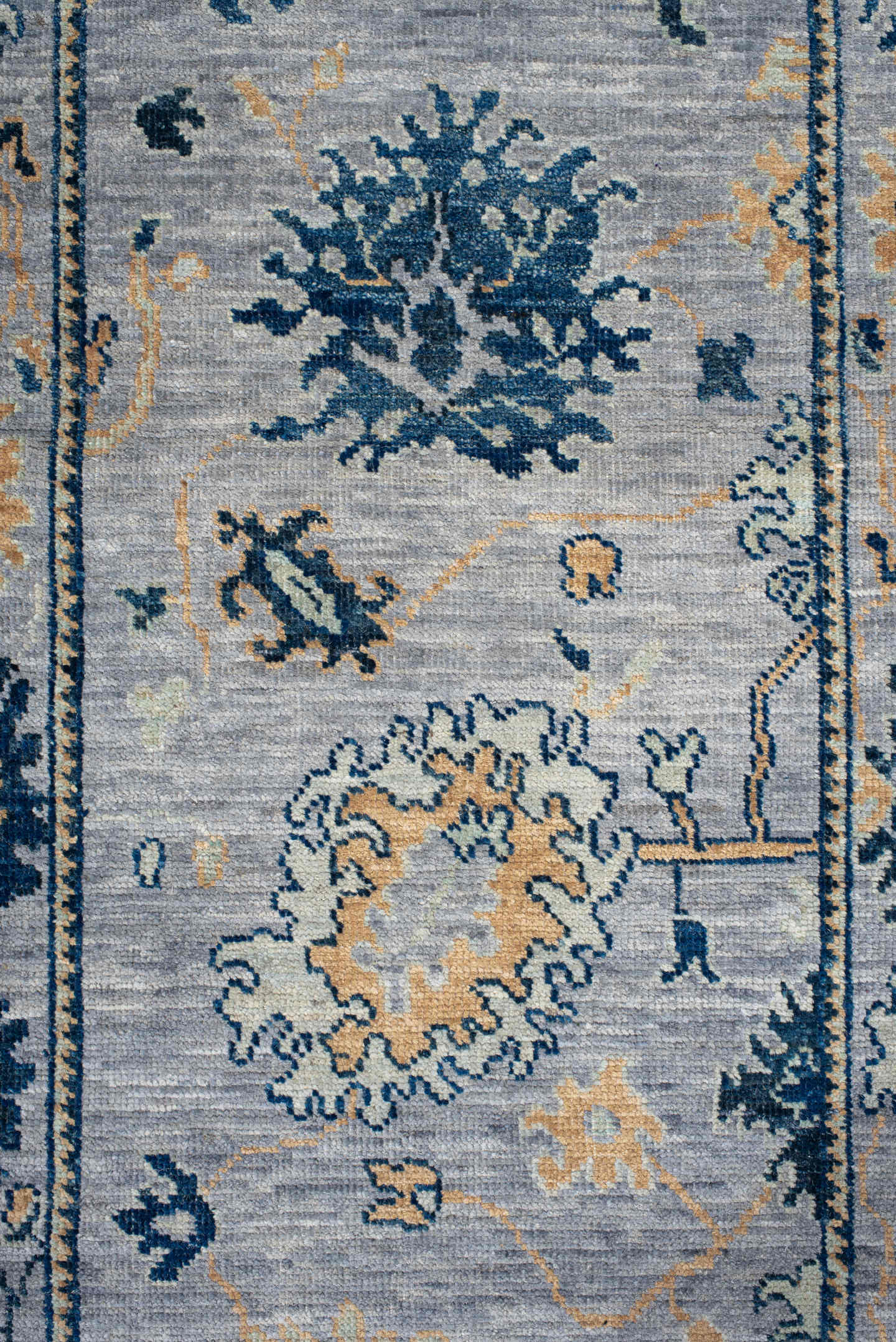 3' x 9' one-of-a-kind handmade vintage Oushak runner rug. Color palette: light blue, navy, ivory, gold, slate, cream, blue