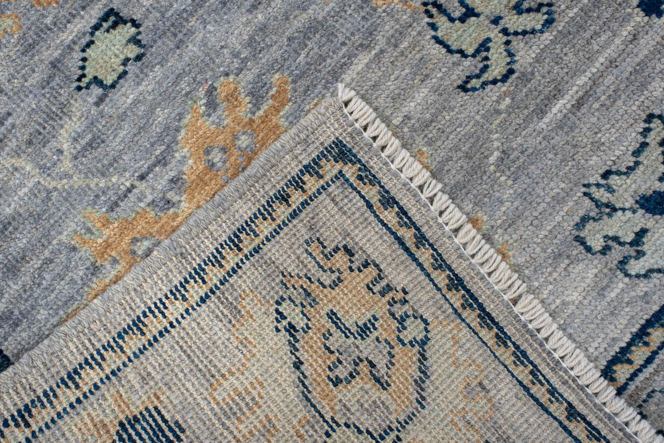 3' x 9' one-of-a-kind handmade vintage Oushak runner rug. Color palette: light blue, navy, ivory, gold, slate, cream, blue