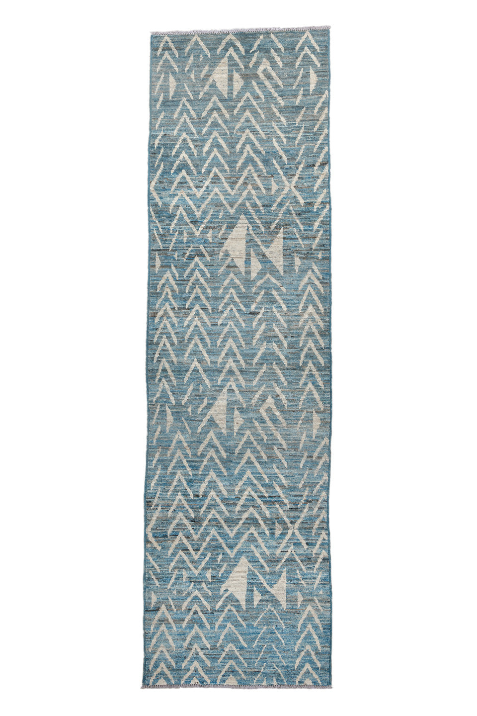 3' x 8' one-of-a-kind handmade vintage Tulu runner rug. Color palette: black, blue, charcoal, dark gray, dim gray, gainsboro