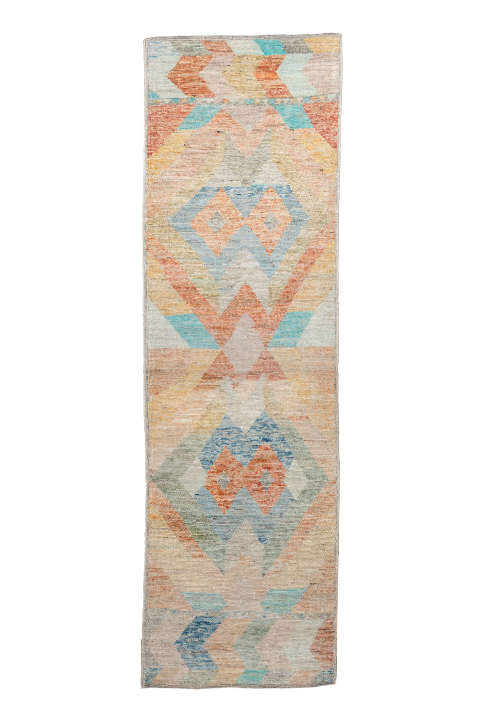 2' x 9' one-of-a-kind handmade vintage Kilim runner rug. Color palette: antiquewhite, blanched almond, blue, brown