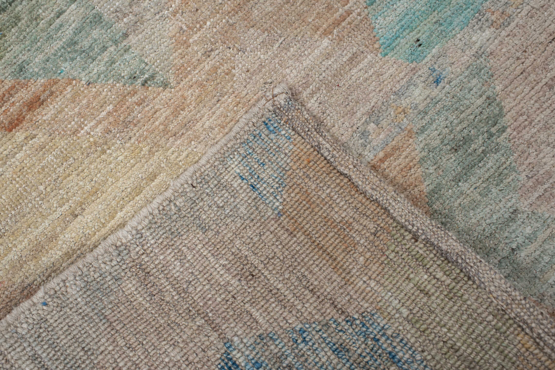 2' x 9' one-of-a-kind handmade vintage Kilim runner rug. Color palette: antiquewhite, blanched almond, blue, brown