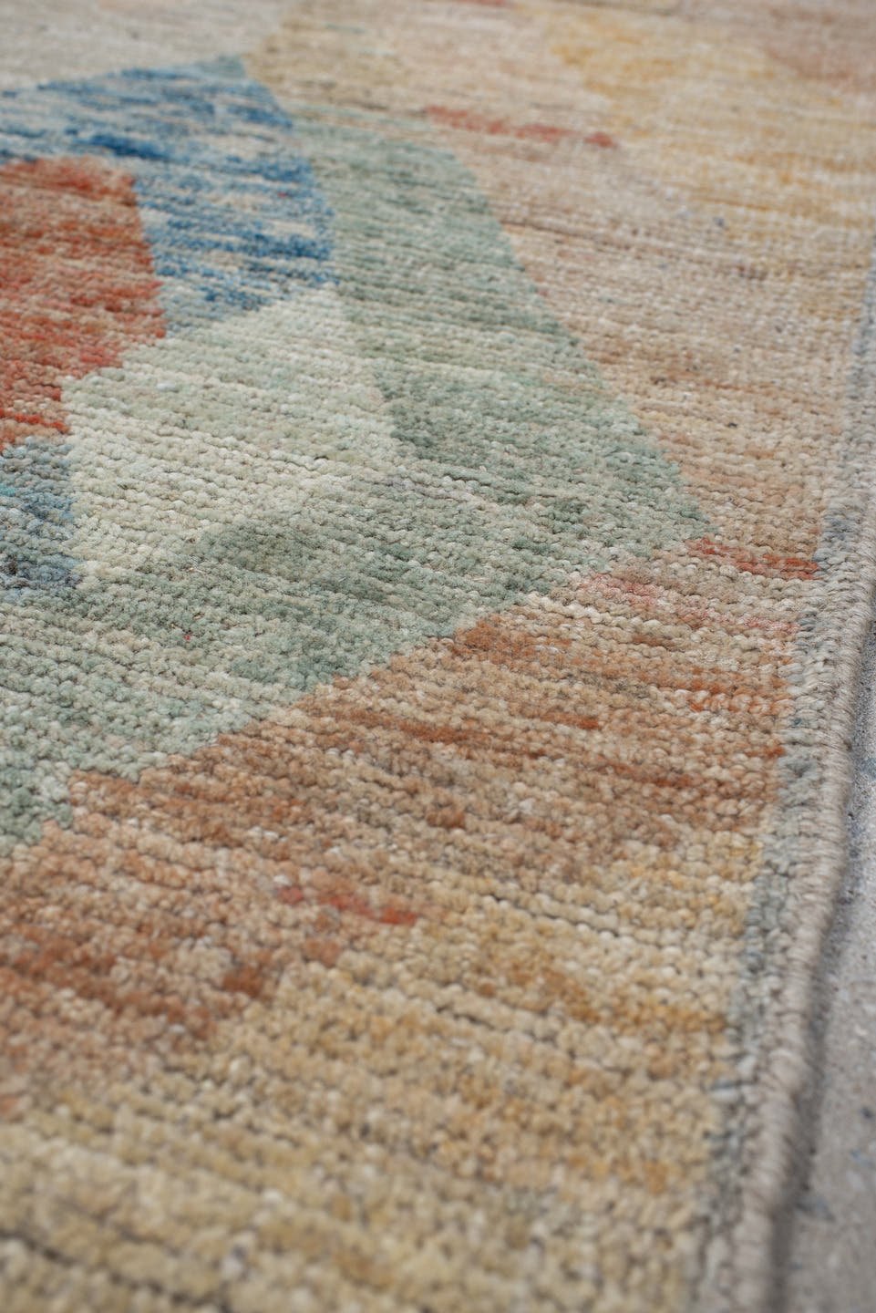 2' x 9' one-of-a-kind handmade vintage Kilim runner rug. Color palette: ivory, aqua, coral, sand, pale blue, sage, taupe