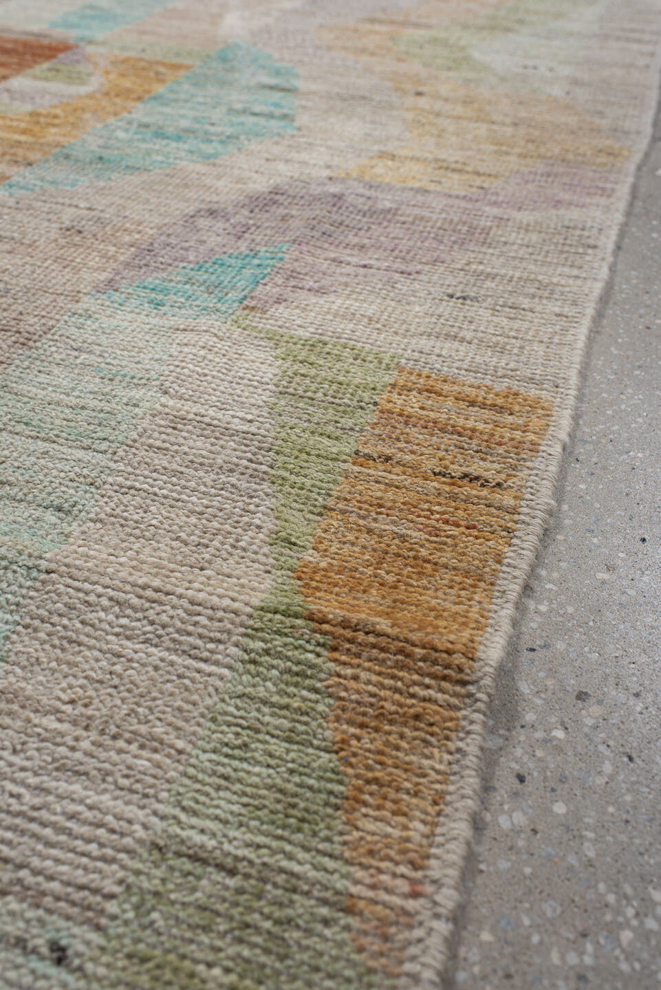 3' x 9' one-of-a-kind handmade vintage Kilim runner rug. Color palette: ivory, taupe, aqua, sage, lavender, apricot