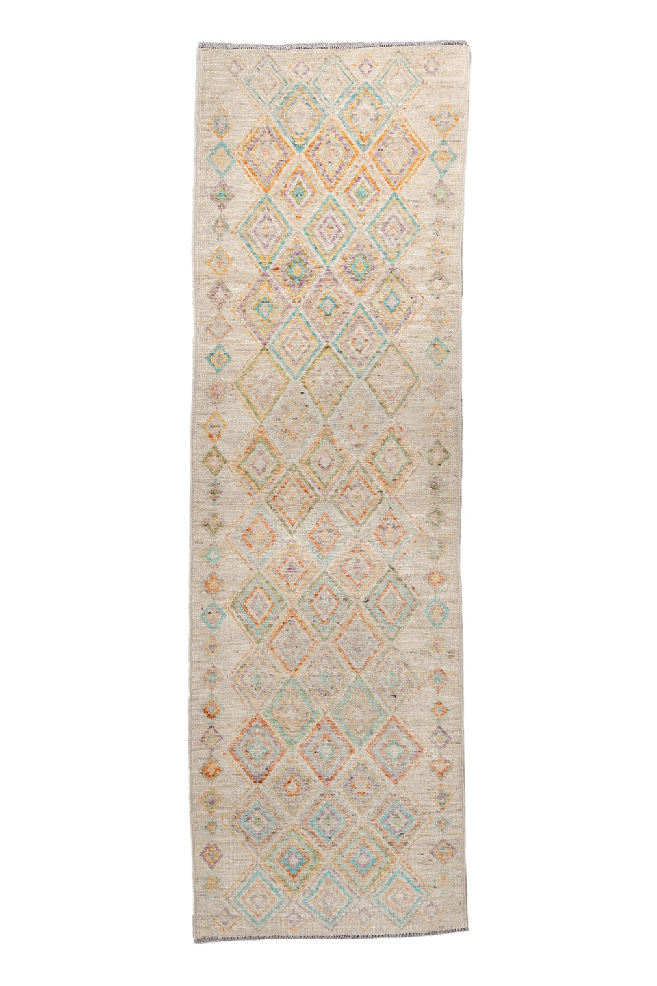 3' x 9' one-of-a-kind handmade vintage Kilim runner rug. Color palette: blue, brown, burlywood, gray, light gray, off-white