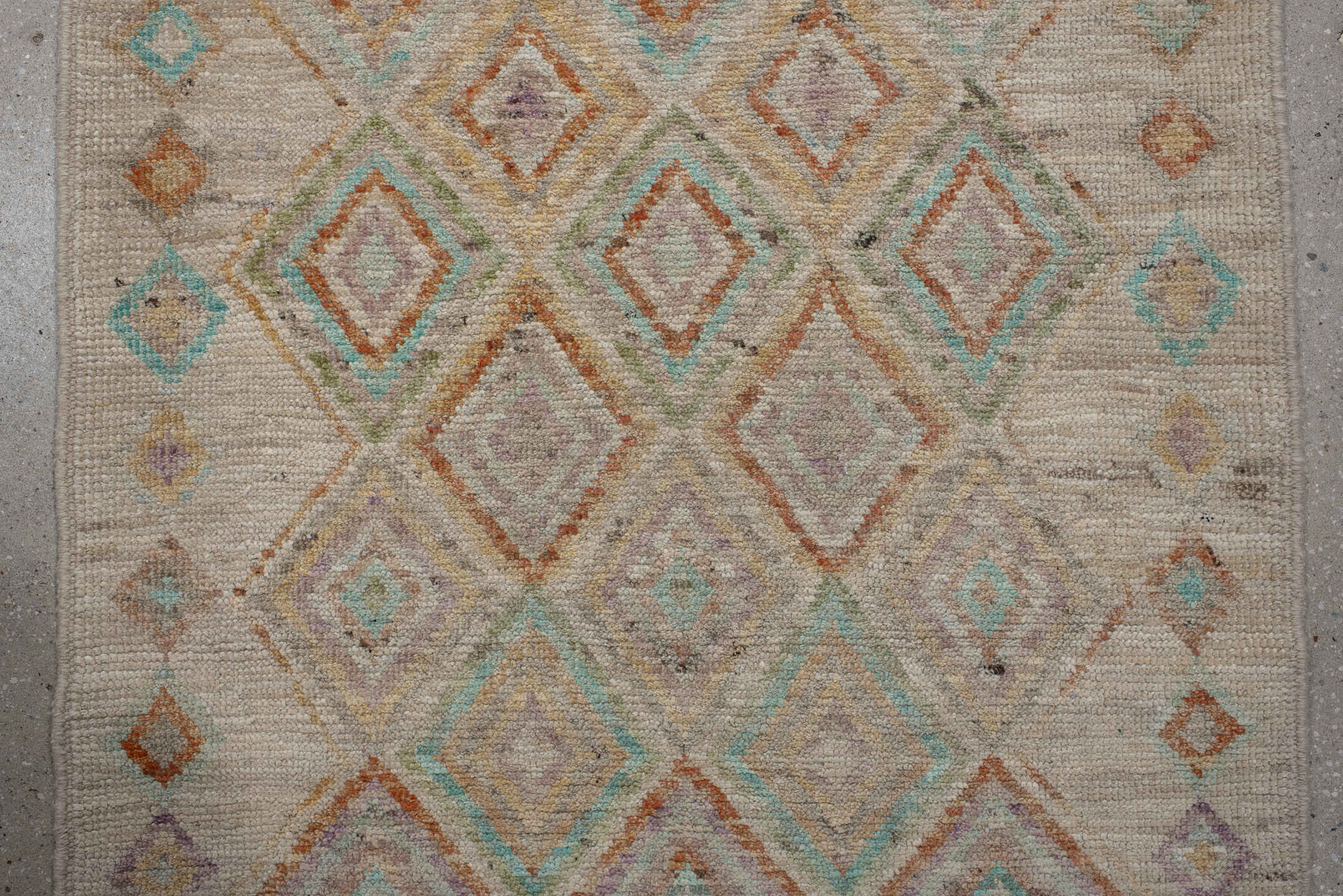3' x 9' one-of-a-kind handmade vintage Kilim runner rug. Color palette: ivory, aqua, peach, lavender, sage, taupe, teal