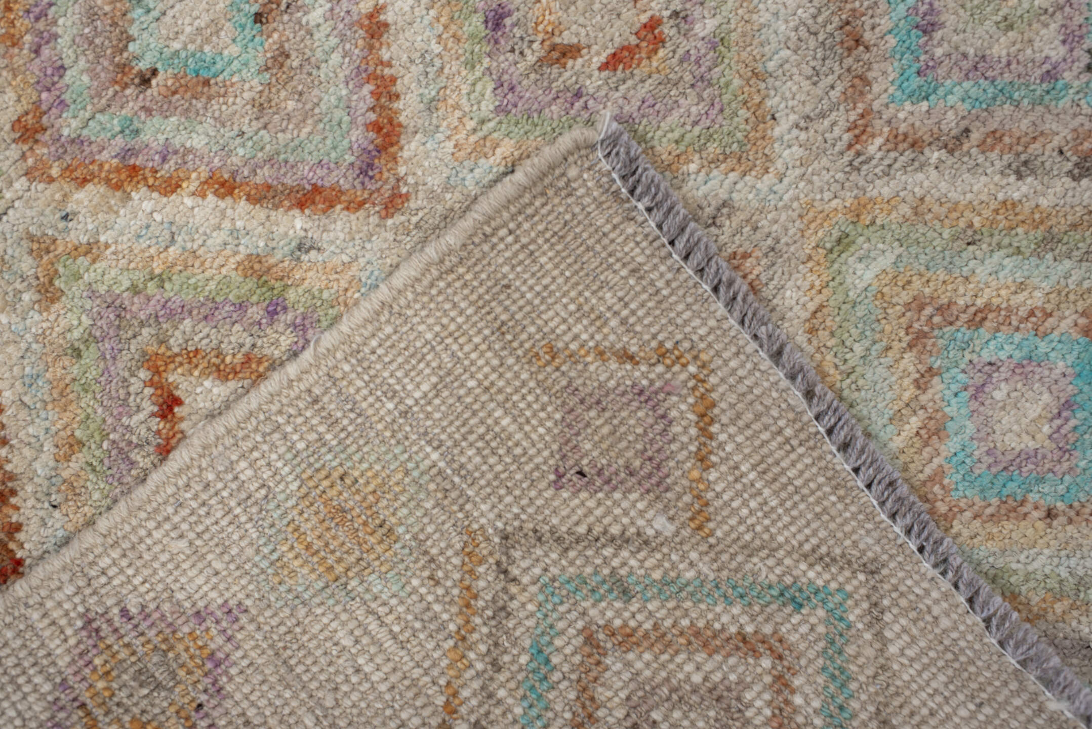 3' x 9' one-of-a-kind handmade vintage Kilim runner rug. Color palette: ivory, aqua, peach, lavender, sage, taupe, teal