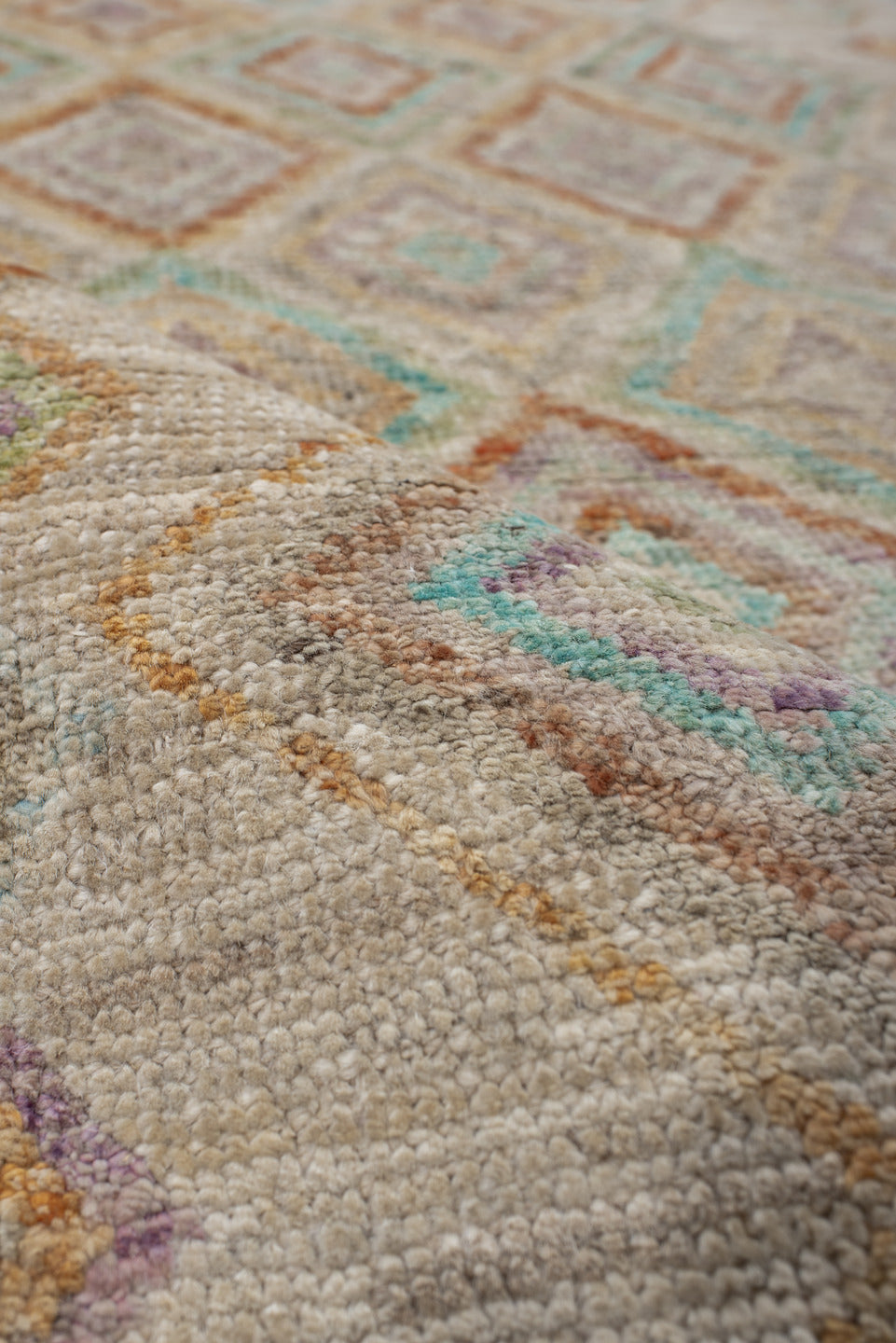 3' x 9' one-of-a-kind handmade vintage Kilim runner rug. Color palette: ivory, aqua, peach, lavender, sage, taupe, teal