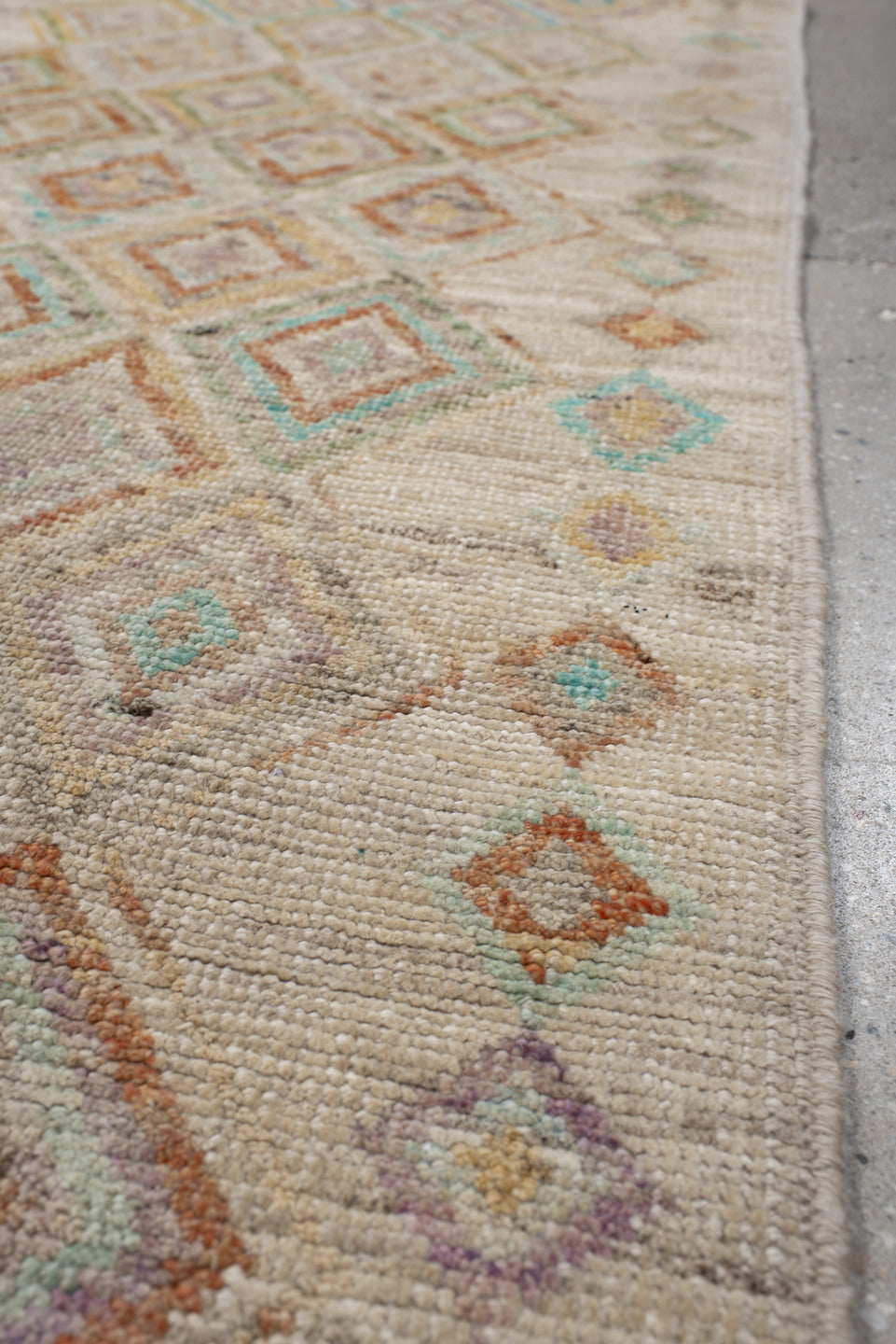 3' x 9' one-of-a-kind handmade vintage Kilim runner rug. Color palette: ivory, aqua, peach, lavender, sage, taupe, teal