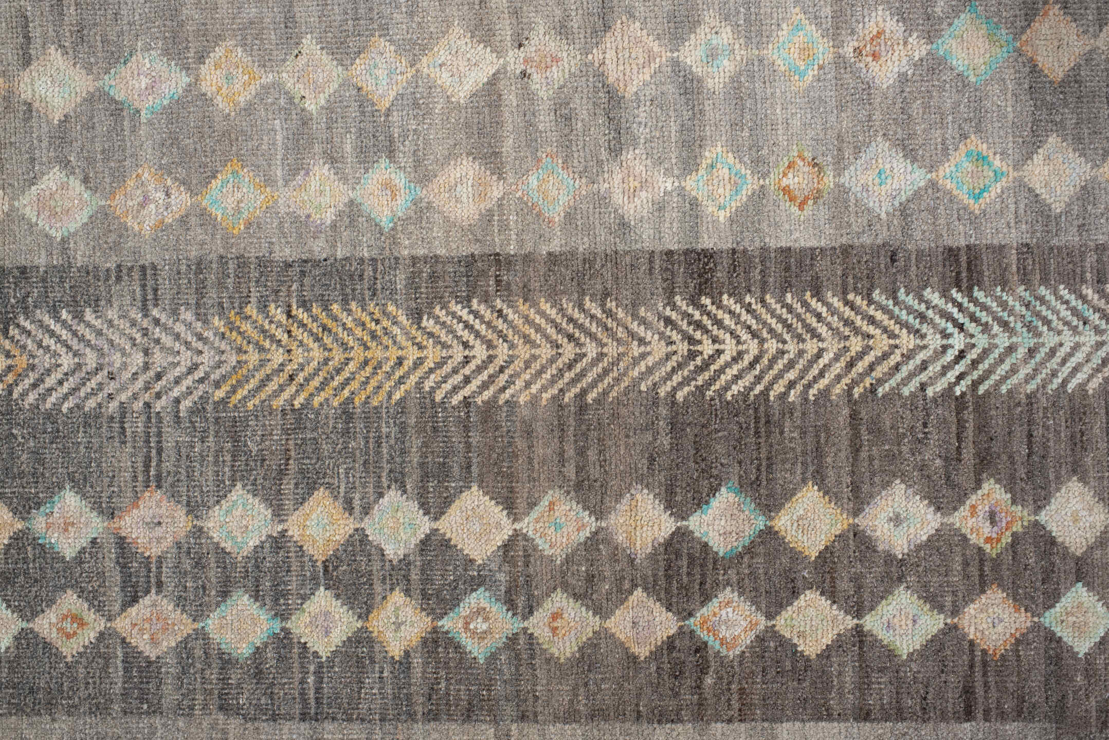 2' x 9' one-of-a-kind handmade vintage Kilim runner rug. Color palette: blue, brown, burlywood, dark gray, dim gray, gray