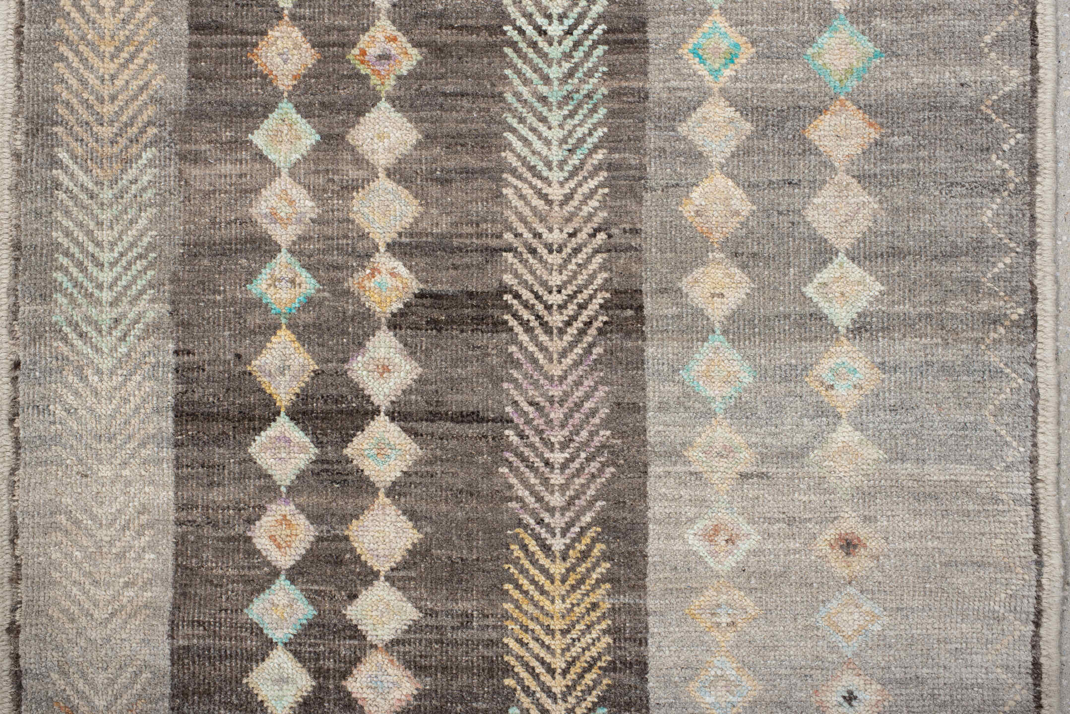 2' x 9' one-of-a-kind handmade vintage Kilim runner rug. Color palette: gray, taupe, charcoal, ivory, camel, aqua, peach