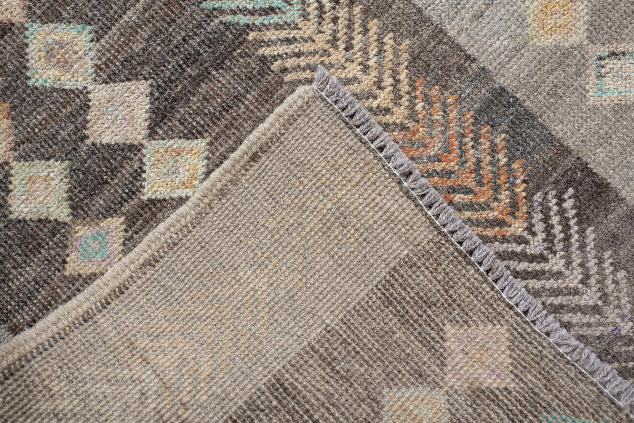 2' x 9' one-of-a-kind handmade vintage Kilim runner rug. Color palette: gray, taupe, charcoal, ivory, camel, aqua, peach