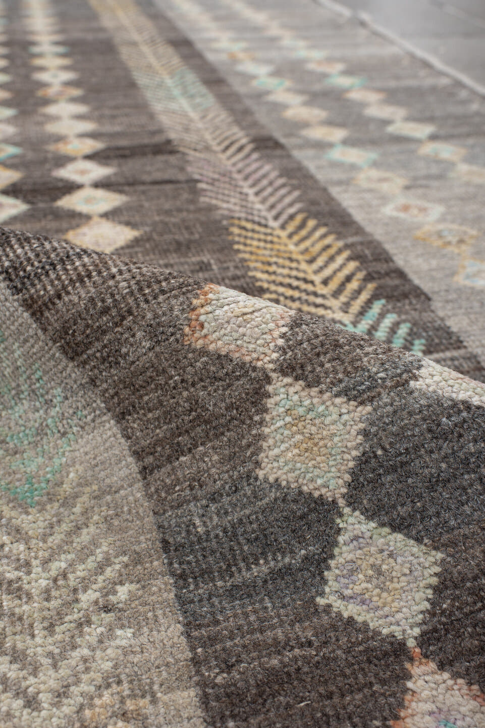 2' x 9' one-of-a-kind handmade vintage Kilim runner rug. Color palette: gray, taupe, charcoal, ivory, camel, aqua, peach