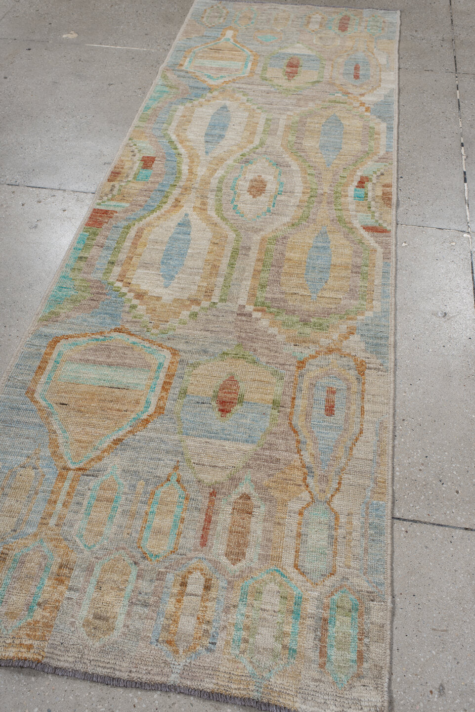 3' x 9' one-of-a-kind handmade vintage Kilim runner rug. Color palette: ivory, pale blue, sand, sage, peach, coral, taupe
