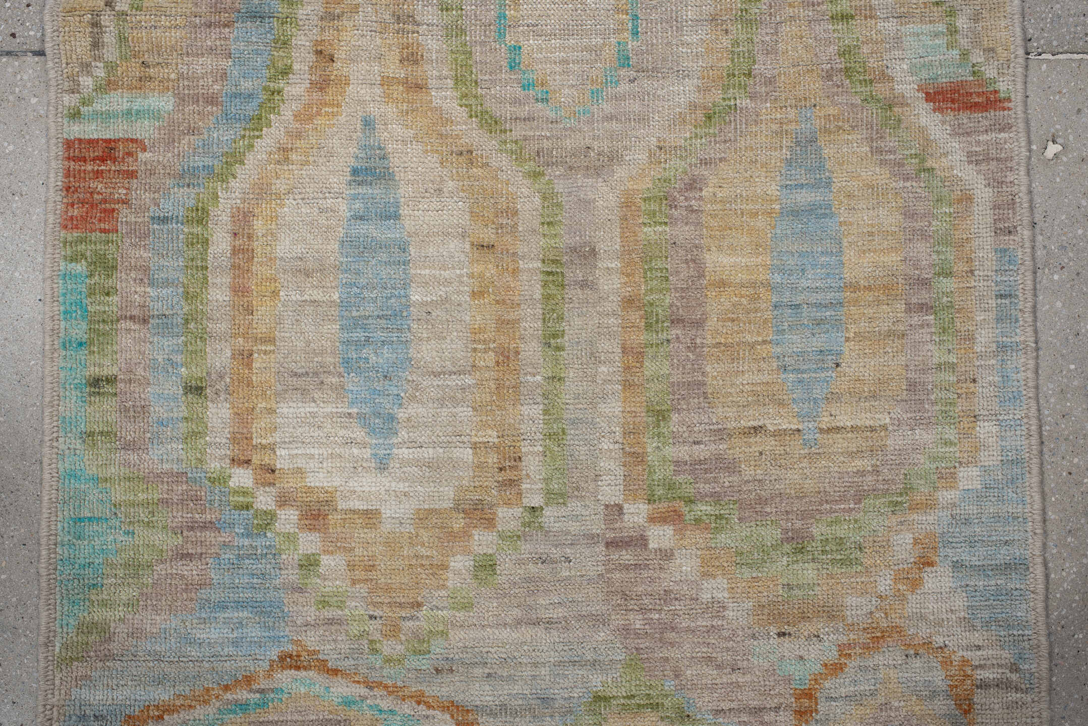 3' x 9' one-of-a-kind handmade vintage Kilim runner rug. Color palette: ivory, pale blue, sand, sage, peach, coral, taupe