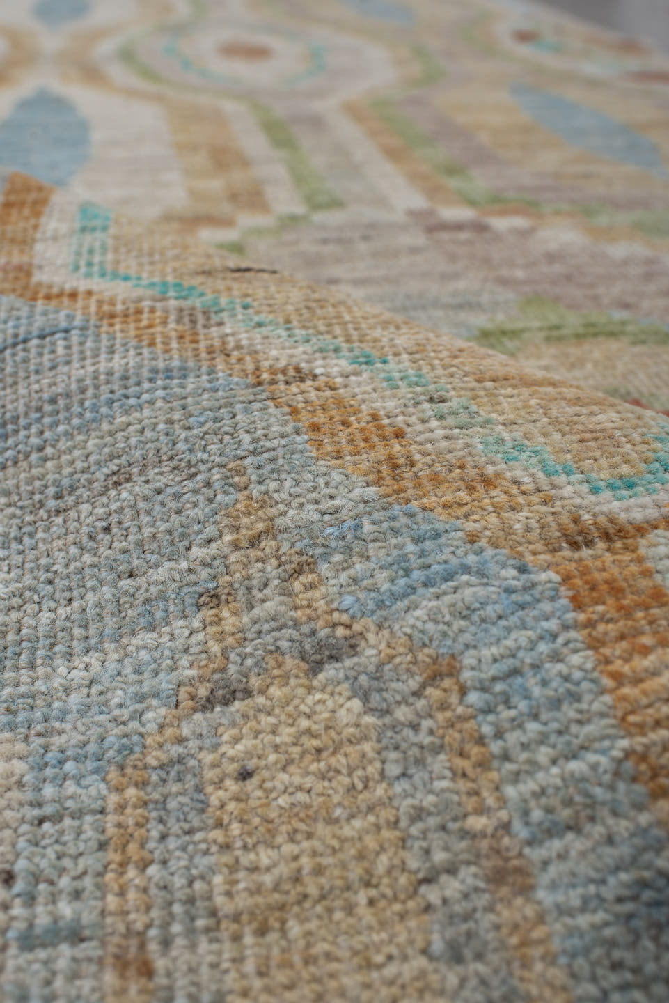 3' x 9' one-of-a-kind handmade vintage Kilim runner rug. Color palette: ivory, pale blue, sand, sage, peach, coral, taupe