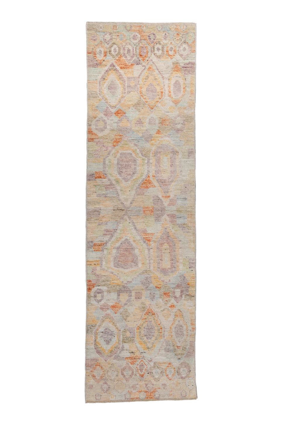 2' x 9' one-of-a-kind handmade vintage Kilim runner rug. Color palette: brown, gray, light gray, off-white, orange, pink