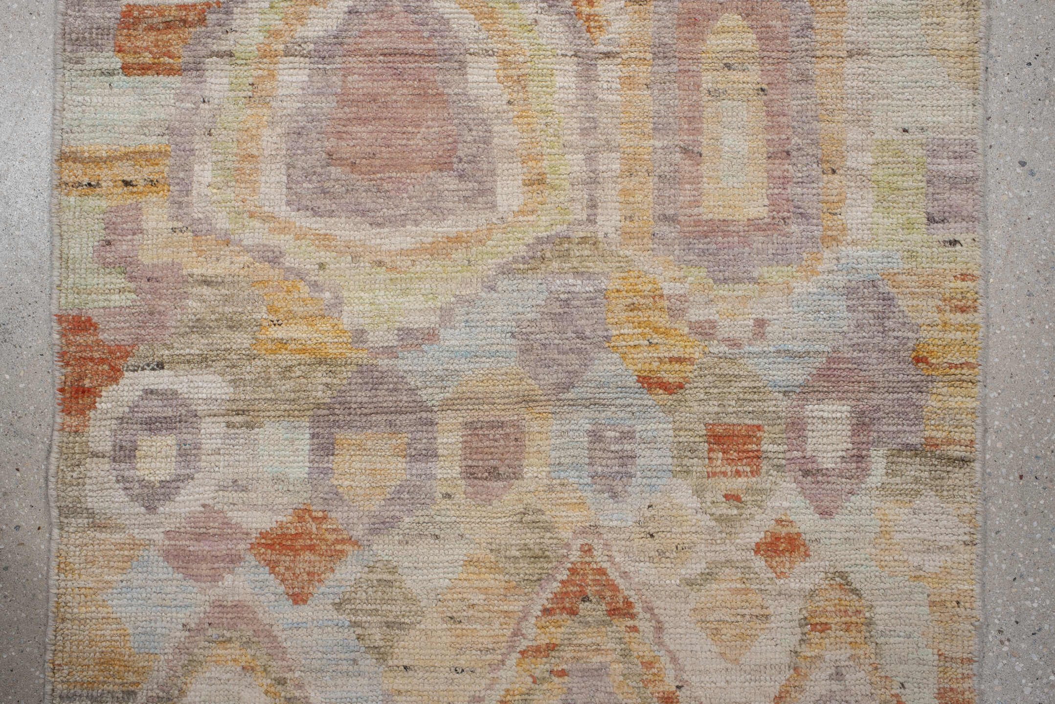 2' x 9' one-of-a-kind handmade vintage Kilim runner rug. Color palette: ivory, lavender, apricot, pale blue, beige, sage