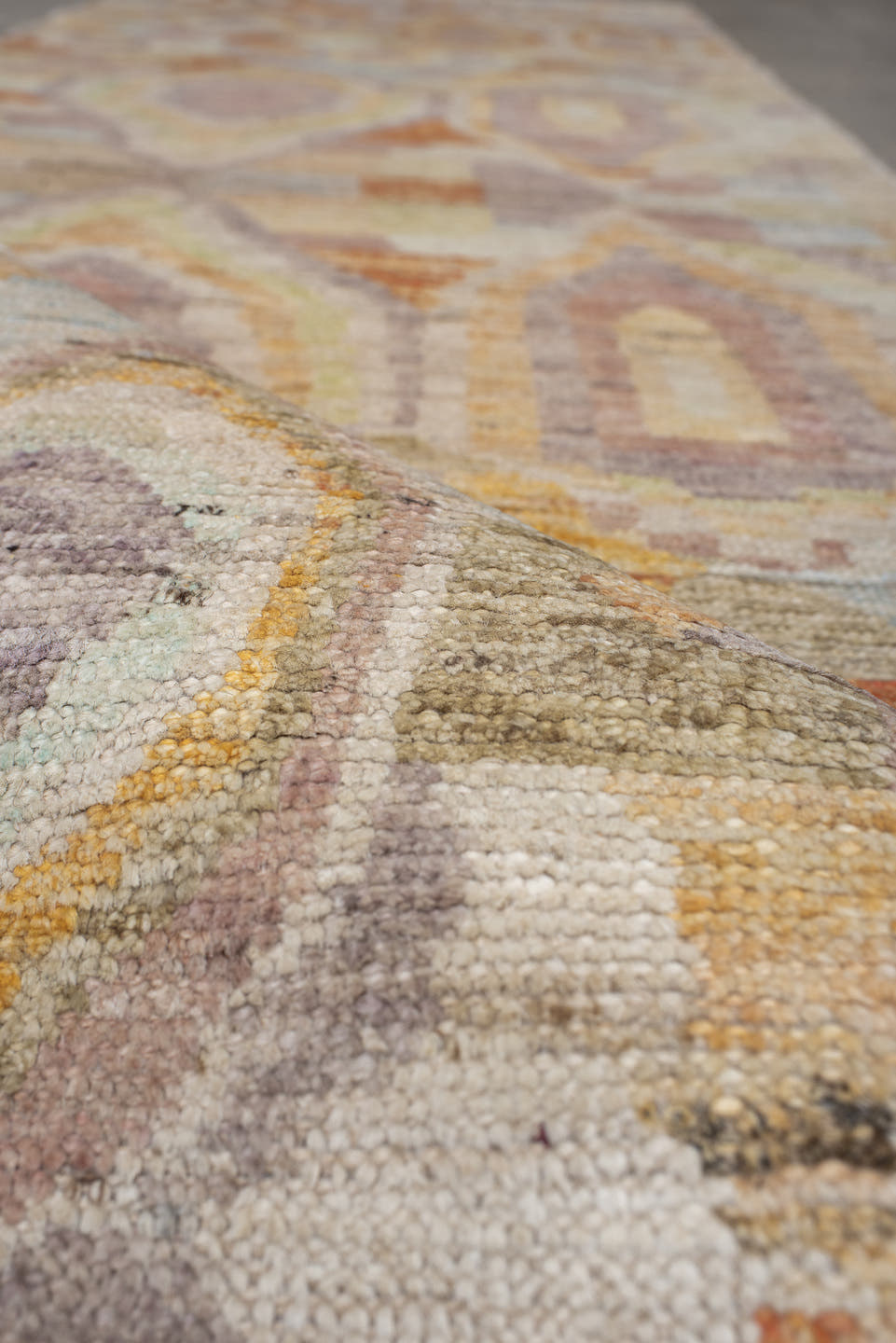 2' x 9' one-of-a-kind handmade vintage Kilim runner rug. Color palette: ivory, lavender, apricot, pale blue, beige, sage