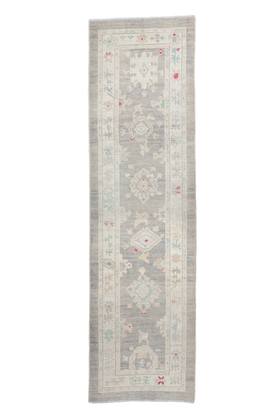 3' x 10' one-of-a-kind handmade vintage Oushak runner rug. Color palette: off-white, gray, pink, light gray, red, dark gray