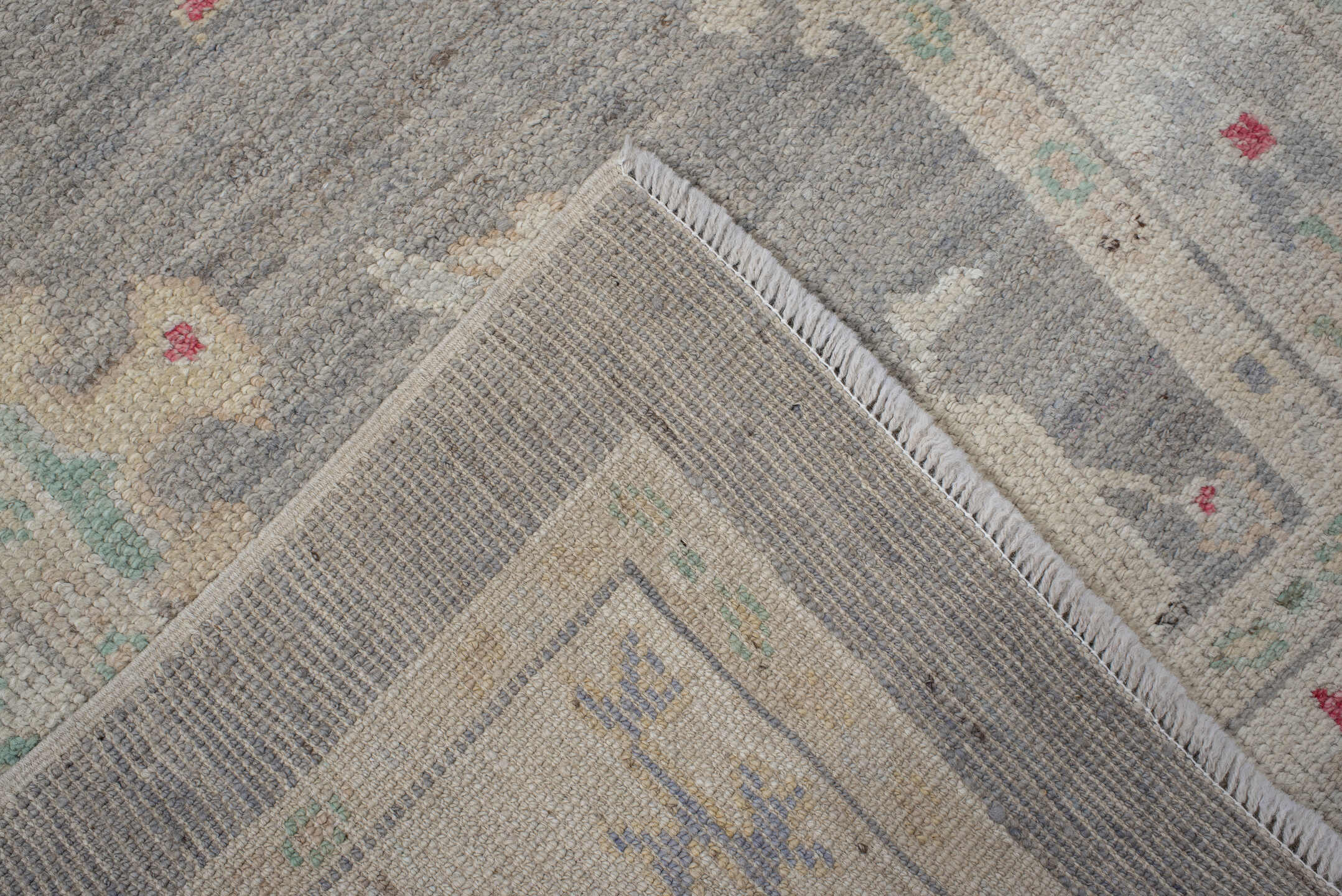 3' x 10' one-of-a-kind handmade vintage Oushak runner rug. Color palette: off-white, gray, pink, light gray, red, dark gray