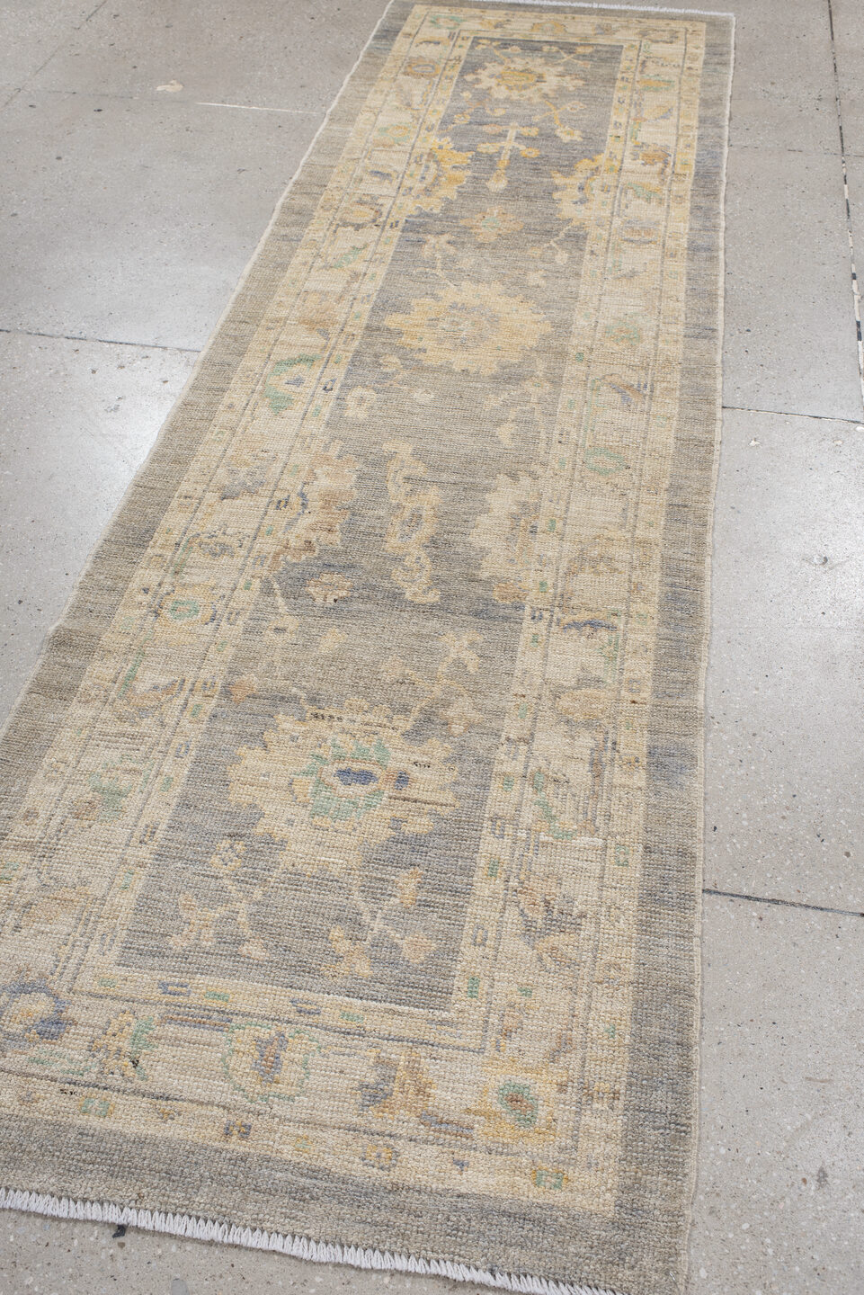 2' x 10' one-of-a-kind handmade vintage Oushak runner rug. Color palette: brown, dim gray, gray, light gray, off-white