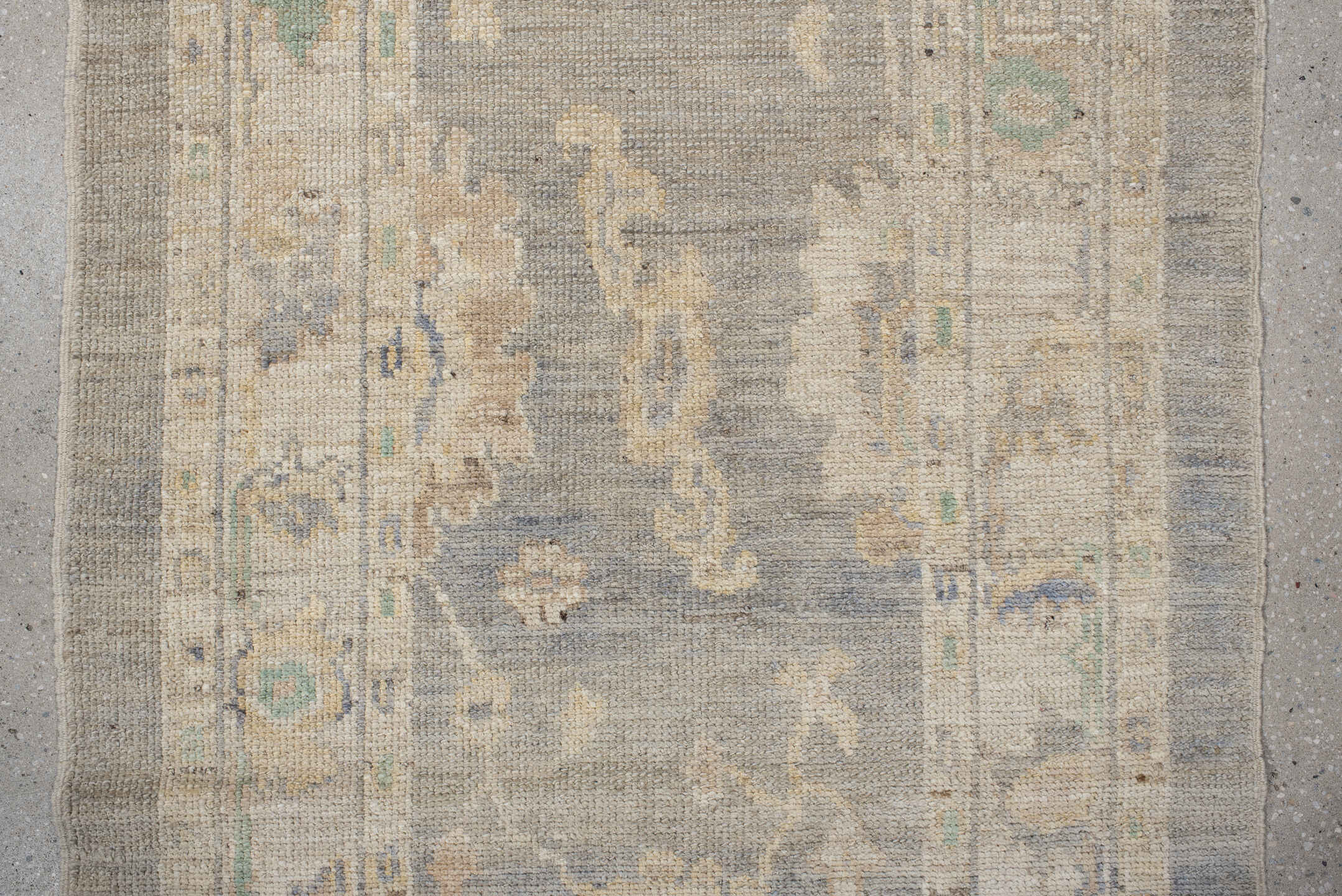 2' x 10' one-of-a-kind handmade vintage Oushak runner rug. Color palette: gray, ivory, cream, pale blue, sage, gold, taupe