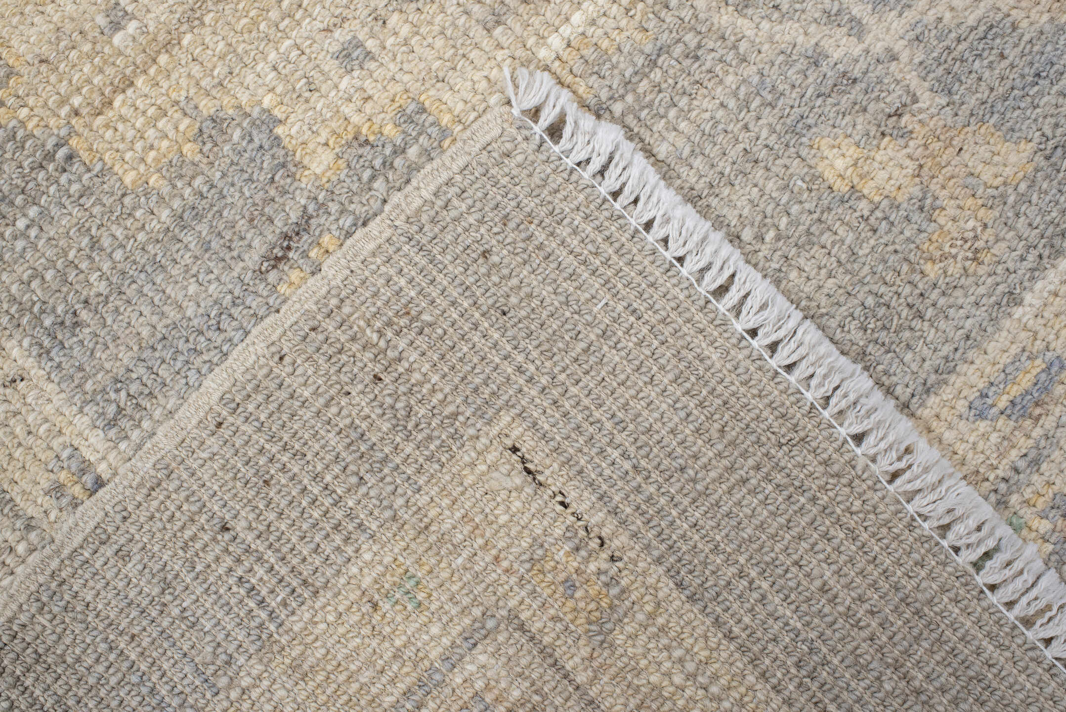 2' x 10' one-of-a-kind handmade vintage Oushak runner rug. Color palette: gray, ivory, cream, pale blue, sage, gold, taupe