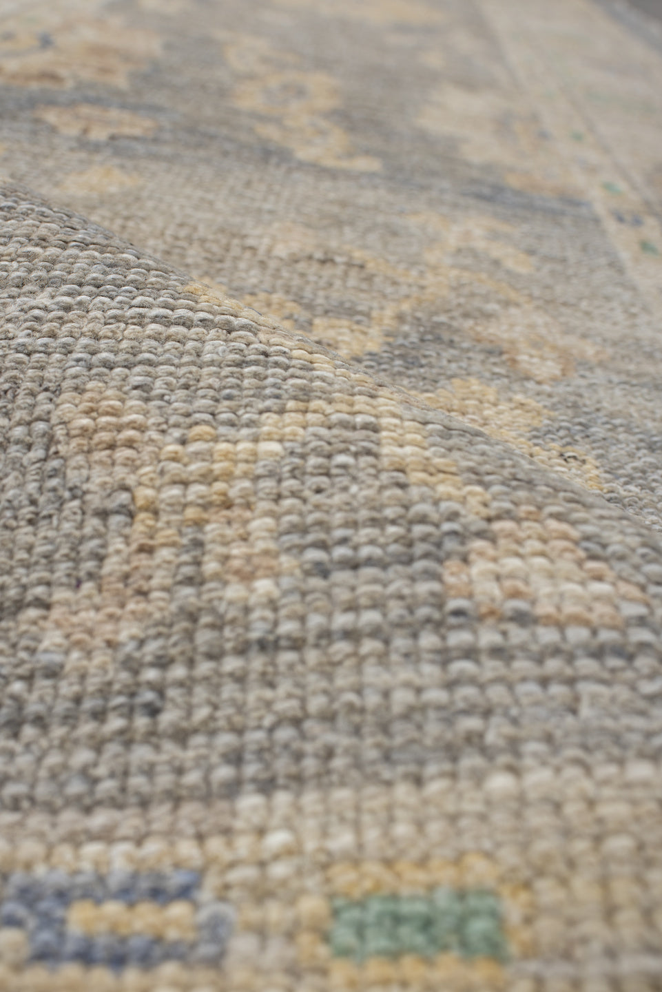 2' x 10' one-of-a-kind handmade vintage Oushak runner rug. Color palette: gray, ivory, cream, pale blue, sage, gold, taupe