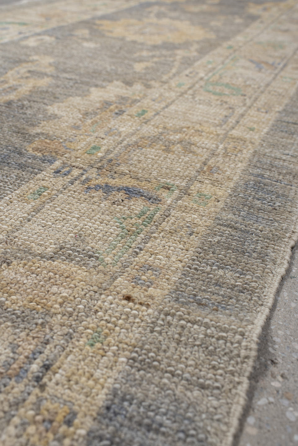 2' x 10' one-of-a-kind handmade vintage Oushak runner rug. Color palette: gray, ivory, cream, pale blue, sage, gold, taupe