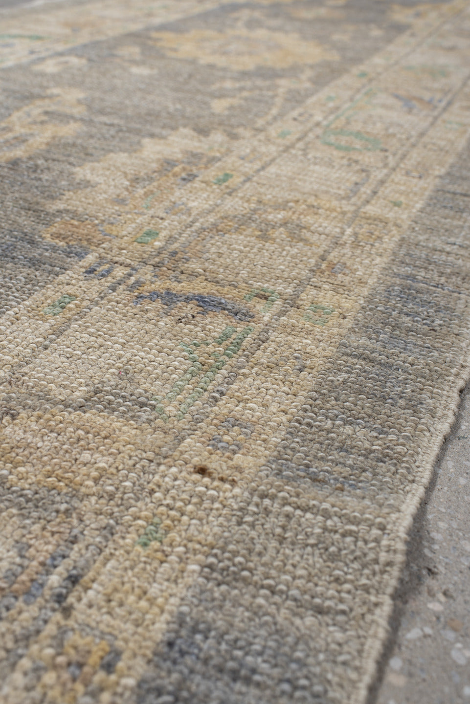 2' x 10' one-of-a-kind handmade vintage Oushak runner rug. Color palette: gray, ivory, cream, pale blue, sage, gold, taupe