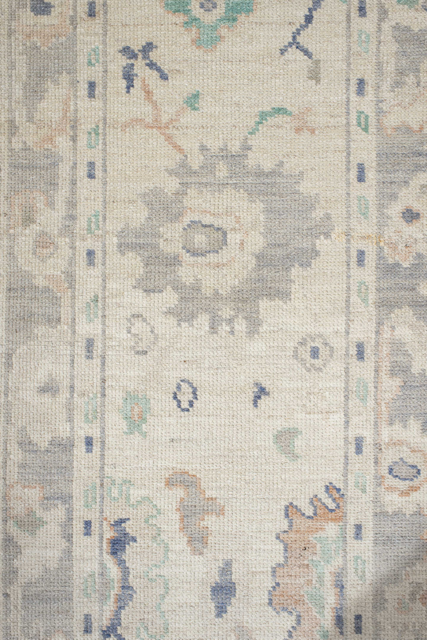 2' x 10' one-of-a-kind handmade vintage Oushak runner rug. Color palette: ivory, light gray, aqua, blue, beige, peach, teal