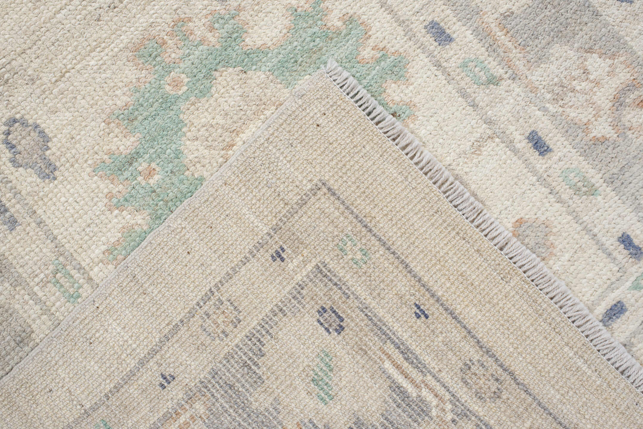 2' x 10' one-of-a-kind handmade vintage Oushak runner rug. Color palette: ivory, light gray, aqua, blue, beige, peach, teal