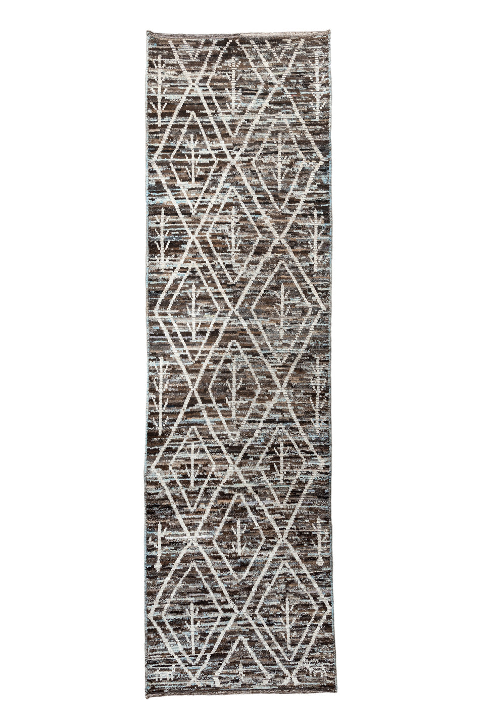 2' x 10' one-of-a-kind handmade vintage Kilim runner rug. Color palette: black, brown, charcoal, dark gray, dim gray
