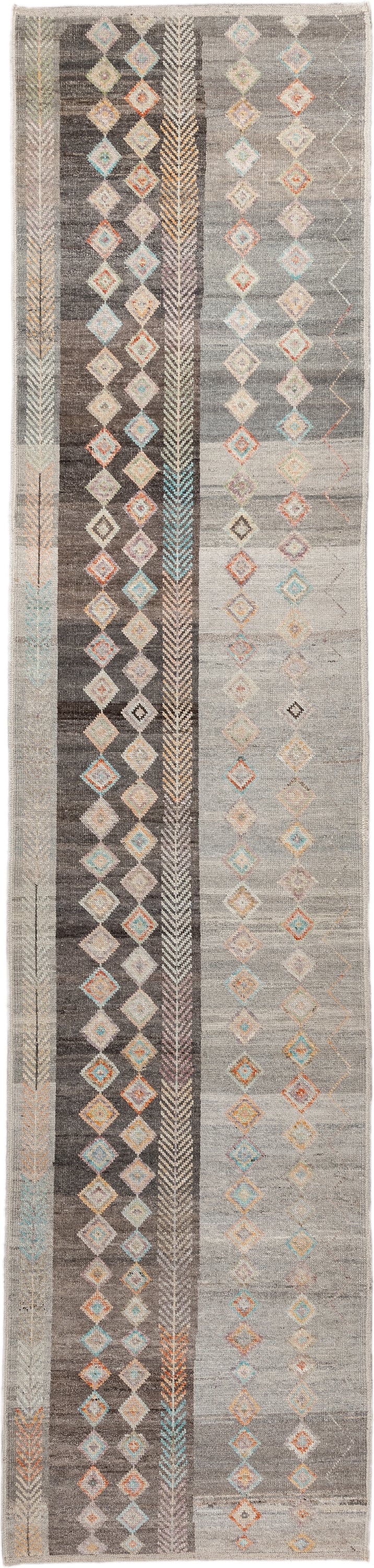 3' x 13' one-of-a-kind handmade vintage Kilim runner rug. Color palette: gray, charcoal, ivory, taupe, turquoise