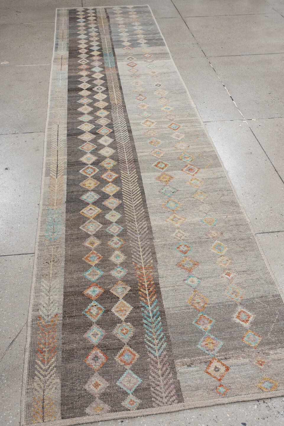 3' x 13' one-of-a-kind handmade vintage Kilim runner rug. Color palette: gray, charcoal, ivory, taupe, turquoise