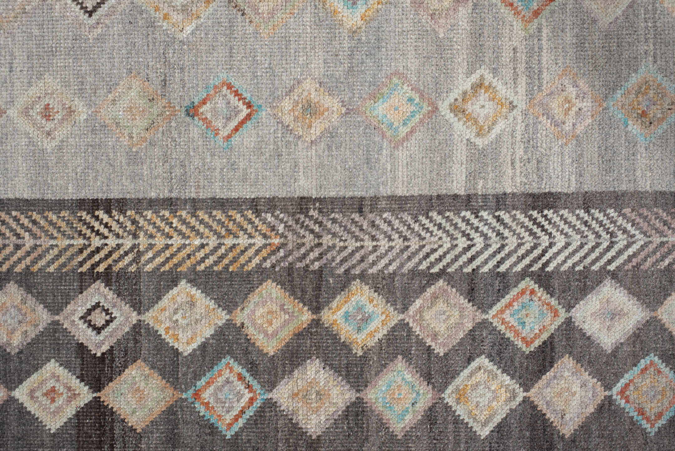 3' x 13' one-of-a-kind handmade vintage Kilim runner rug. Color palette: blue, brown, gray, light gray, off-white, pink