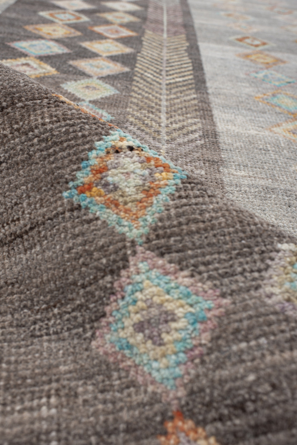 3' x 13' one-of-a-kind handmade vintage Kilim runner rug. Color palette: blue, brown, gray, light gray, off-white, pink