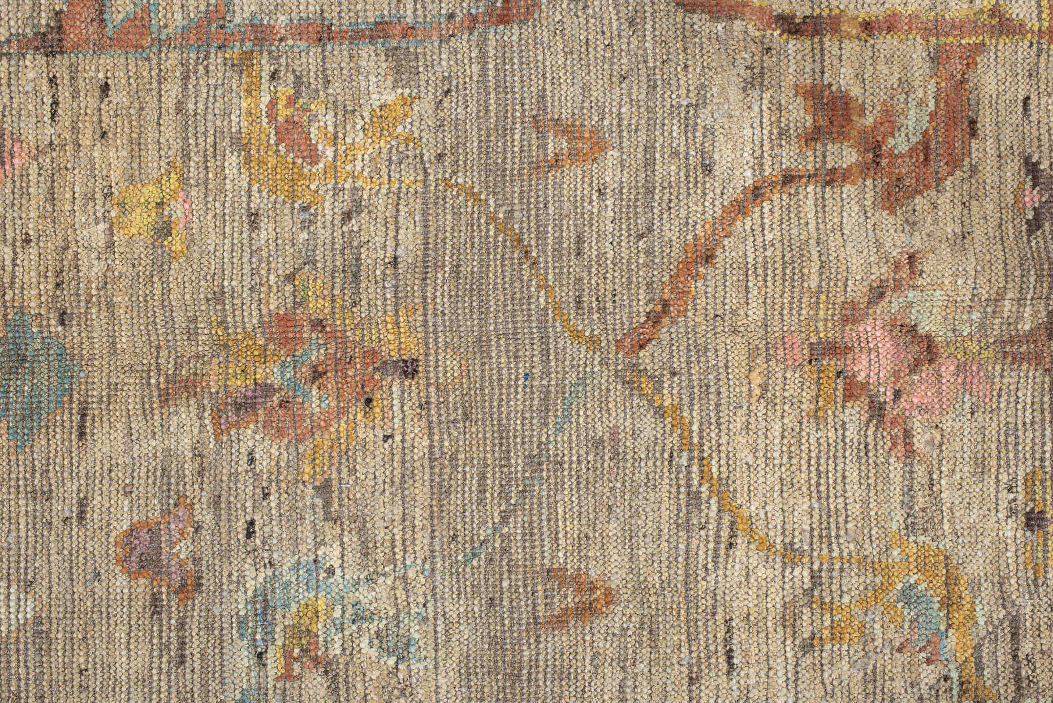 5' x 7' one-of-a-kind handmade vintage Oushak rug. Color palette: beige, aqua, terra cotta, ivory, sage, gold, rose