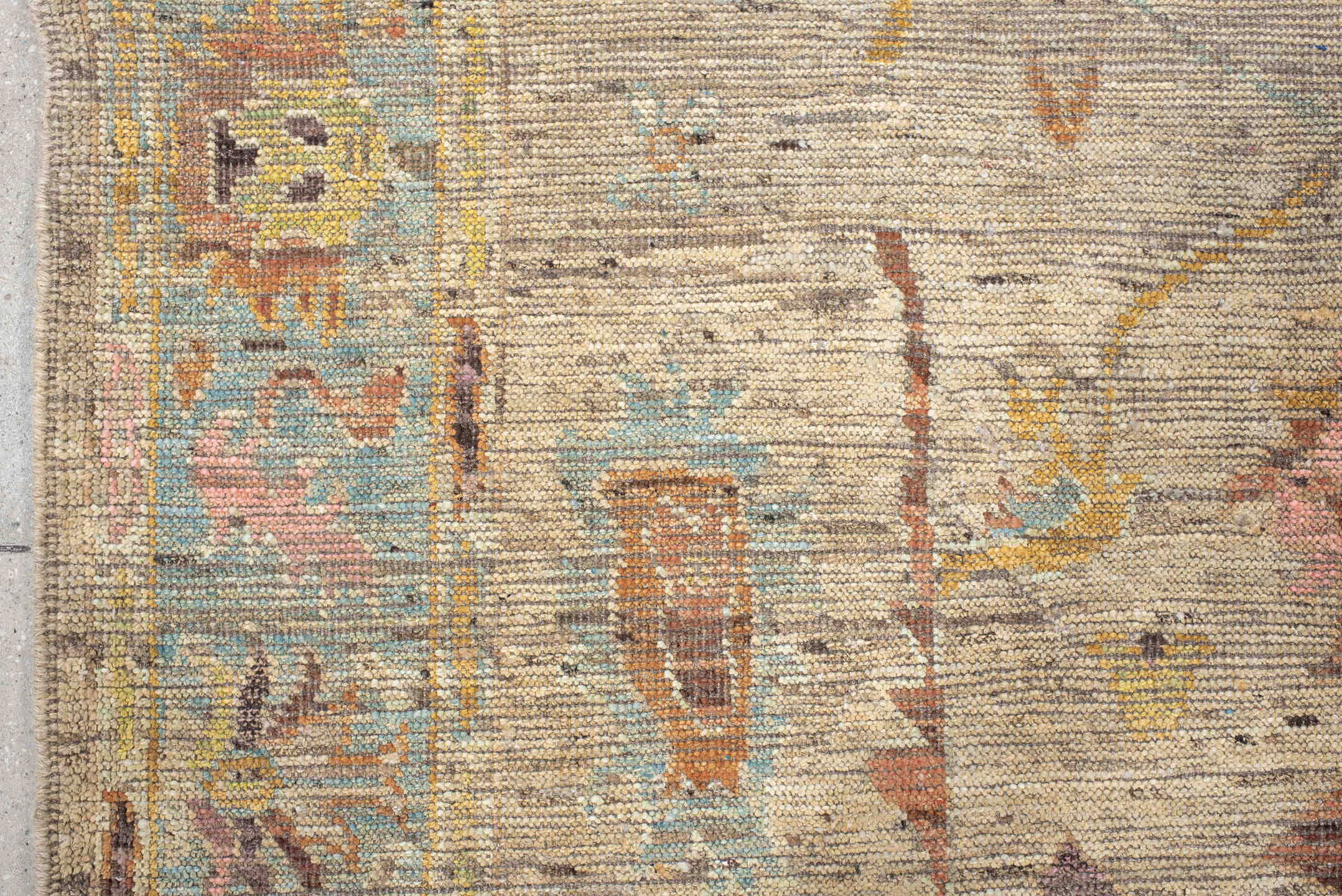 5' x 7' one-of-a-kind handmade vintage Oushak rug. Color palette: beige, aqua, terra cotta, ivory, sage, gold, rose