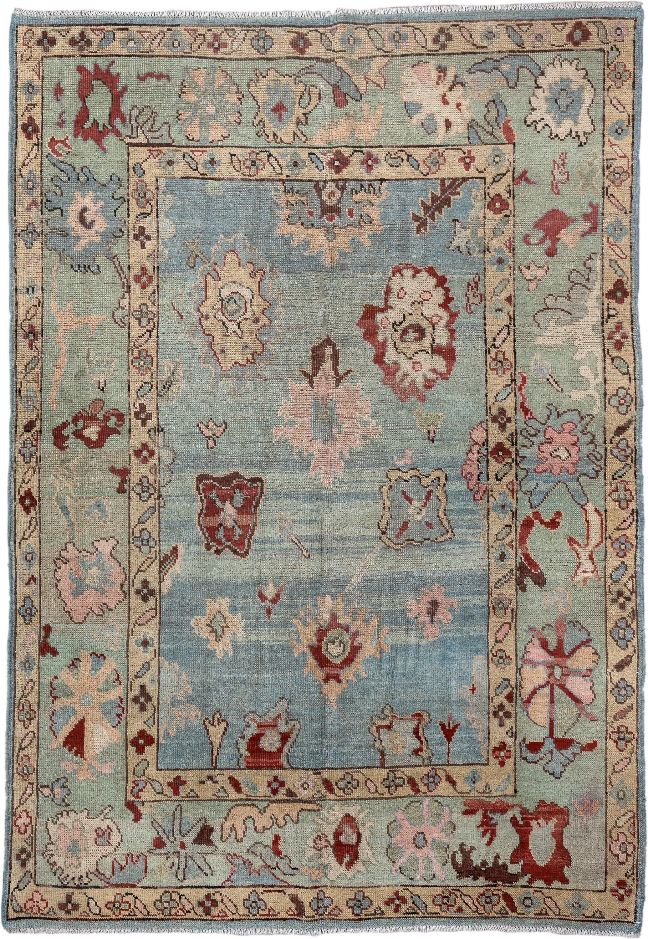 5' x 7' one-of-a-kind handmade vintage Oushak medium size rug. Color palette: sky blue, ivory, pale aqua, rust, blush, taupe